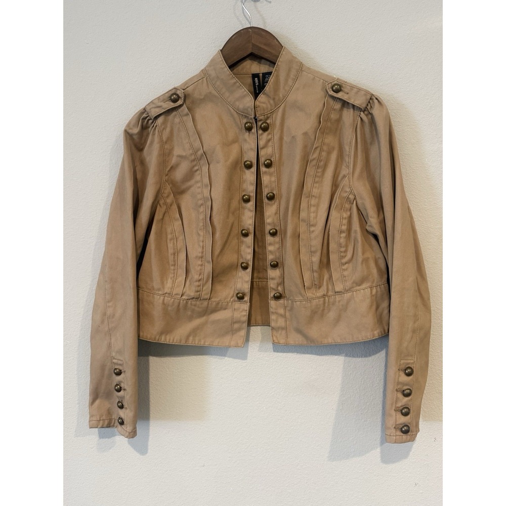 Mixit Petite Large Tan Jacket Cotton Snap Front Cropped Utility Style Coat